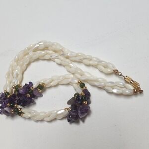 Vintage Mother of Pearl Amethyst Jade Chip Multi Strand Necklace Gold Tone Clasp
